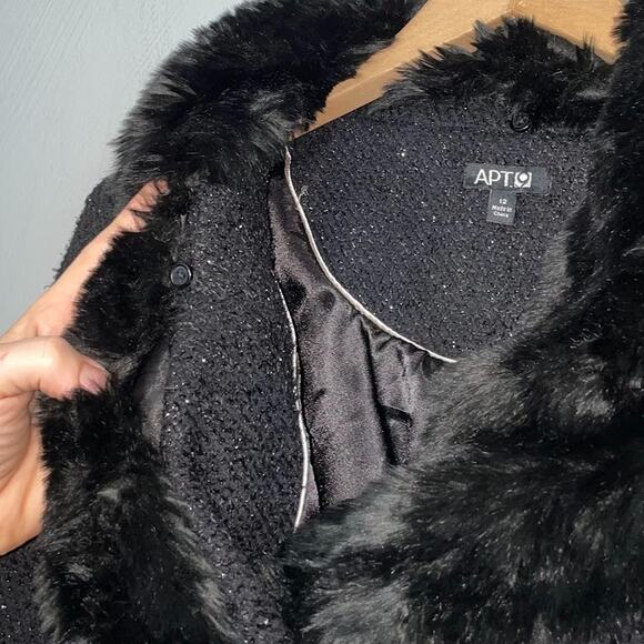 Black Metallic Sparkle Belt Jacket Size 12 Tweed Coat Faux Fur Collar Whimsigoth - Picture 6 of 16